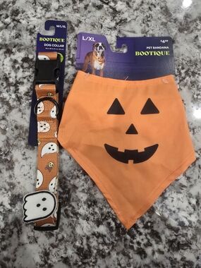 Bootique Orange Halloween Pet Bandana & Ghost-Print Collar Set
